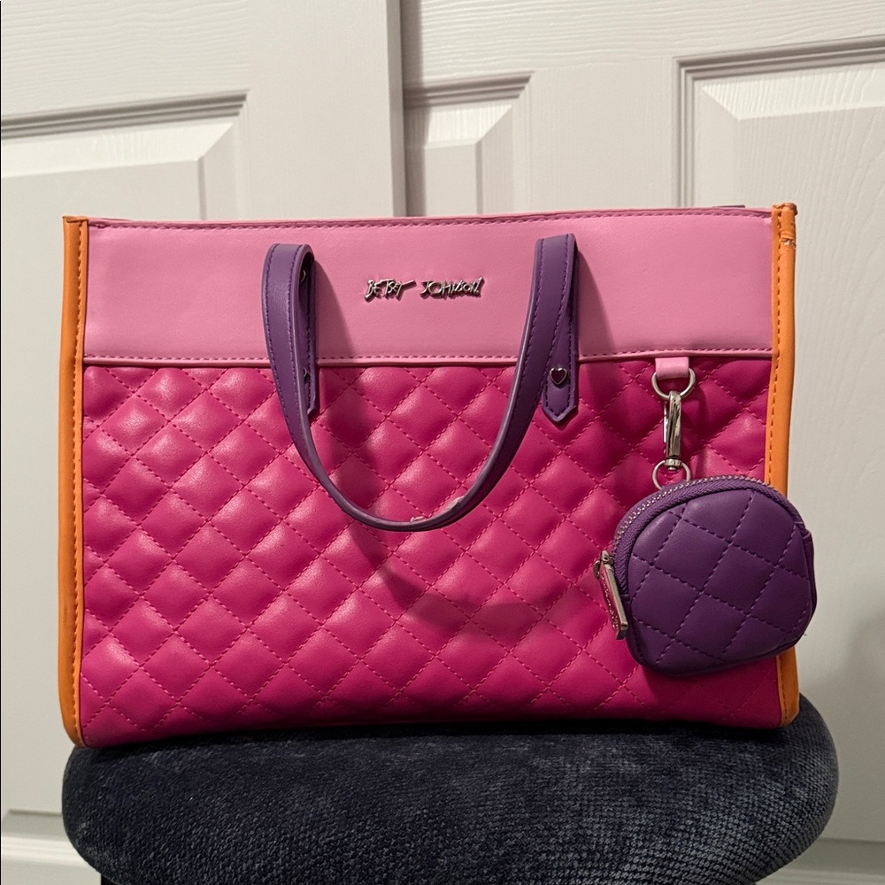Betsey Johnson Pink Purple Orange Quilted Tote with Coin Pouch